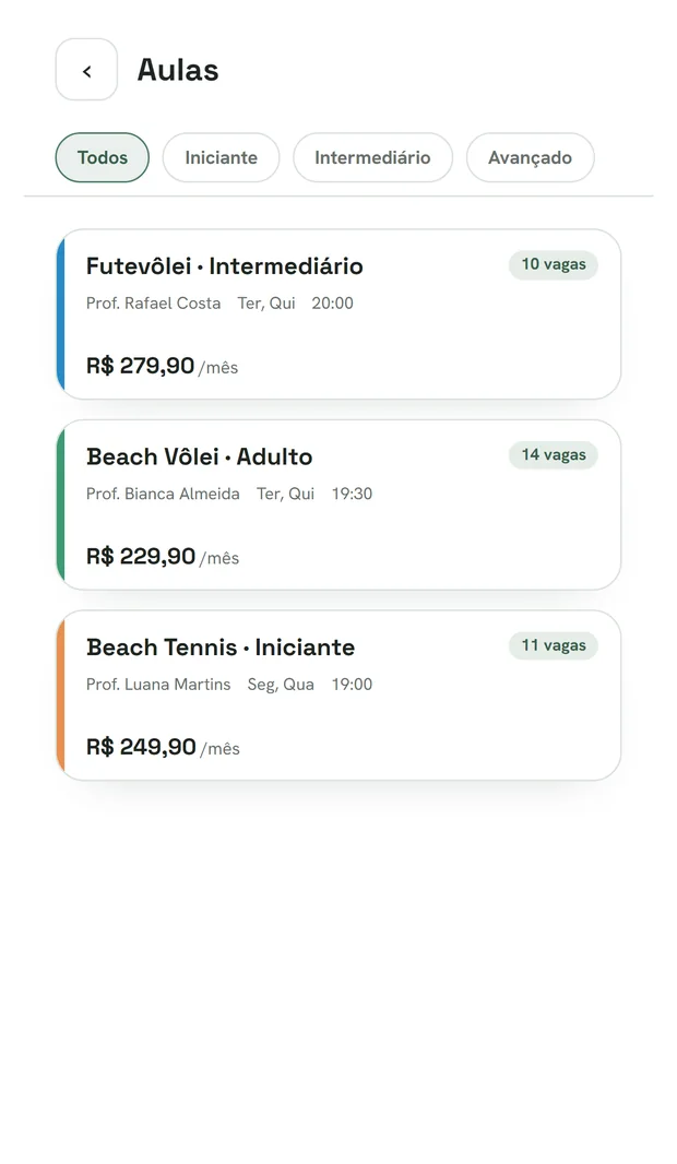 Interface de aulas da Sportly com turmas e informações de matrícula