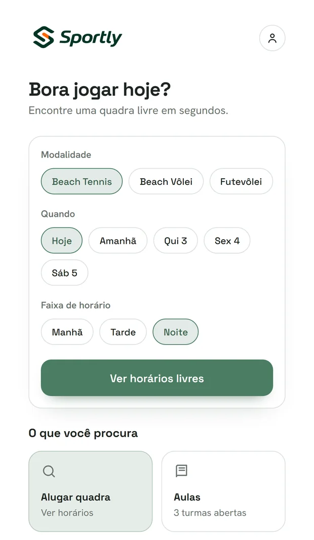 Exemplo de página pública Sportly no celular com beach tennis selecionado entre as modalidades